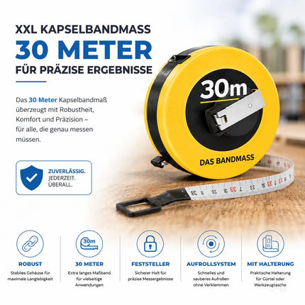 Bandmaß 30 Meter mit Halterung & Feststeller – robustes Maßband / Bandmass für präzises Messen, Rollmaßband & Massband mit Aufrollsystem (30 m)