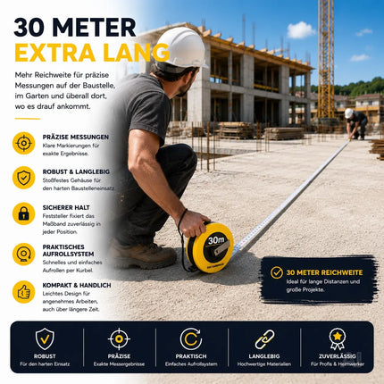 Bandmaß 30 Meter mit Halterung & Feststeller – robustes Maßband / Bandmass für präzises Messen, Rollmaßband & Massband mit Aufrollsystem (30 m)