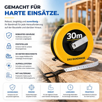 Bandmaß 30 Meter mit Halterung & Feststeller – robustes Maßband / Bandmass für präzises Messen, Rollmaßband & Massband mit Aufrollsystem (30 m)