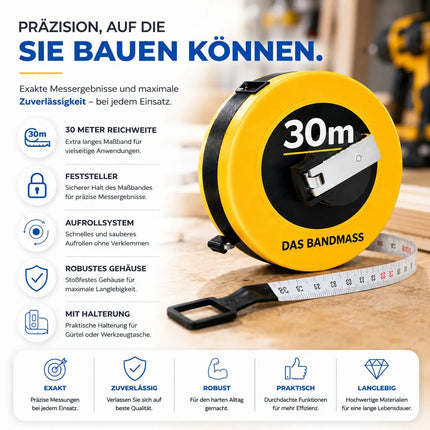 Bandmaß 30 Meter mit Halterung & Feststeller – robustes Maßband / Bandmass für präzises Messen, Rollmaßband & Massband mit Aufrollsystem (30 m)