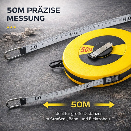 Bandmaß 50 Meter mit Halterung & Feststeller – robustes Maßband / Bandmass für präzises Messen, Rollmaßband & Massband mit Aufrollsystem (50 m)