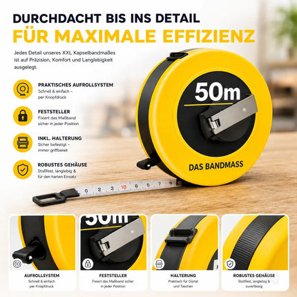 Bandmaß 50 Meter mit Halterung & Feststeller – robustes Maßband / Bandmass für präzises Messen, Rollmaßband & Massband mit Aufrollsystem (50 m)