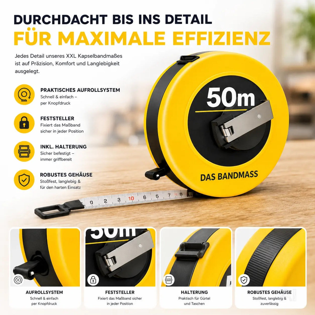 Bandmaß 50 Meter mit Halterung & Feststeller – robustes Maßband / Bandmaß für präzises Messen, Rollmaßband & Maßband mit Aufrollsystem (50 m)