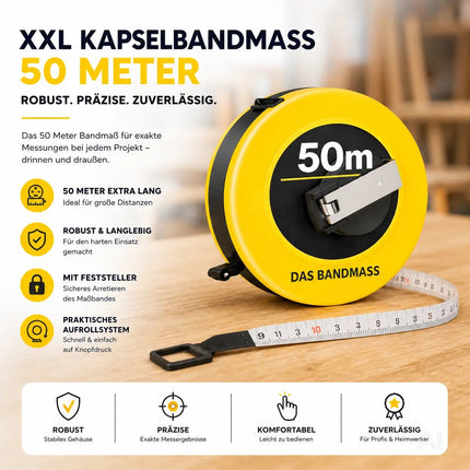 Bandmaß 50 Meter mit Halterung & Feststeller – robustes Maßband / Bandmass für präzises Messen, Rollmaßband & Massband mit Aufrollsystem (50 m)