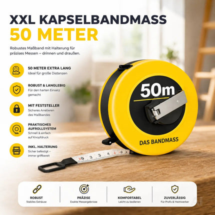 Bandmaß 50 Meter mit Halterung & Feststeller – robustes Maßband / Bandmass für präzises Messen, Rollmaßband & Massband mit Aufrollsystem (50 m)