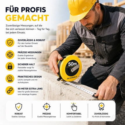 Bandmaß 50 Meter mit Halterung & Feststeller – robustes Maßband / Bandmass für präzises Messen, Rollmaßband & Massband mit Aufrollsystem (50 m)