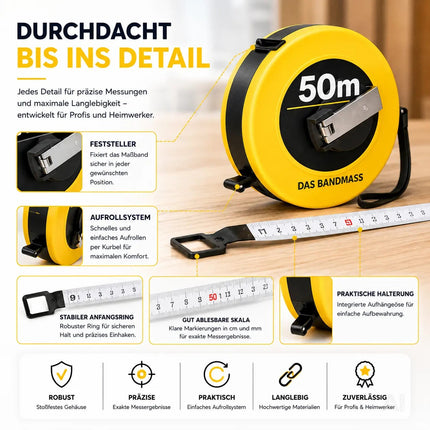Bandmaß 50 Meter mit Halterung & Feststeller – robustes Maßband / Bandmass für präzises Messen, Rollmaßband & Massband mit Aufrollsystem (50 m)
