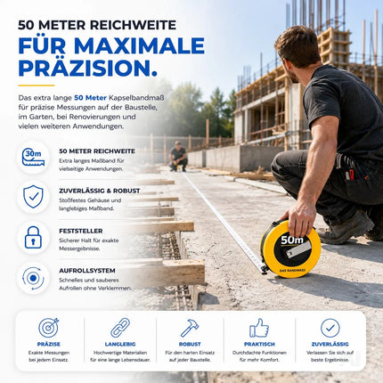 Bandmaß 50 Meter mit Halterung & Feststeller – robustes Maßband / Bandmass für präzises Messen, Rollmaßband & Massband mit Aufrollsystem (50 m)