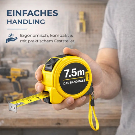 Bandmaß 7,5 Meter mit Halterung & Feststeller – robustes Maßband / Bandmass für präzises Messen, Rollmaßband & Massband mit Aufrollsystem (7,5 m)