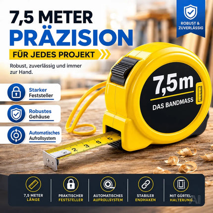 Bandmaß 7,5 Meter mit Halterung & Feststeller – robustes Maßband / Bandmass für präzises Messen, Rollmaßband & Massband mit Aufrollsystem (7,5 m)