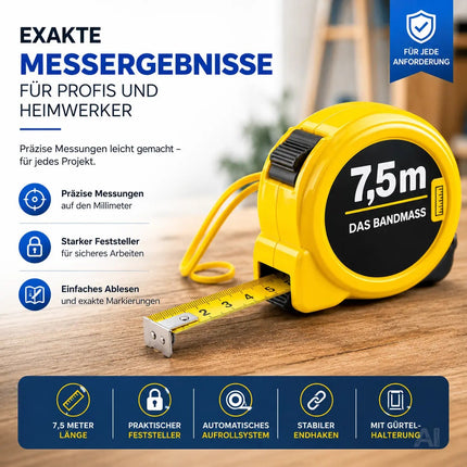 Bandmaß 7,5 Meter mit Halterung & Feststeller – robustes Maßband / Bandmass für präzises Messen, Rollmaßband & Massband mit Aufrollsystem (7,5 m)
