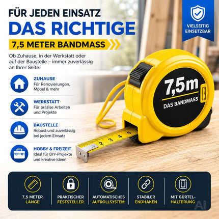 Bandmaß 7,5 Meter mit Halterung & Feststeller – robustes Maßband / Bandmass für präzises Messen, Rollmaßband & Massband mit Aufrollsystem (7,5 m)