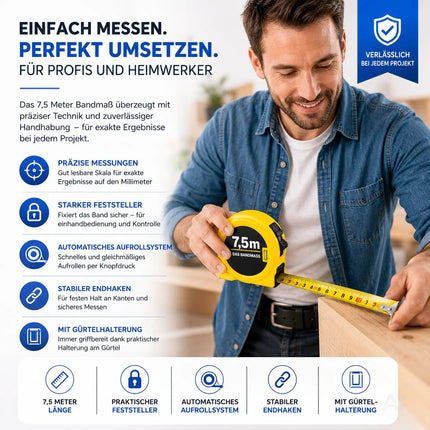 Bandmaß 7,5 Meter mit Halterung & Feststeller – robustes Maßband / Bandmass für präzises Messen, Rollmaßband & Massband mit Aufrollsystem (7,5 m)