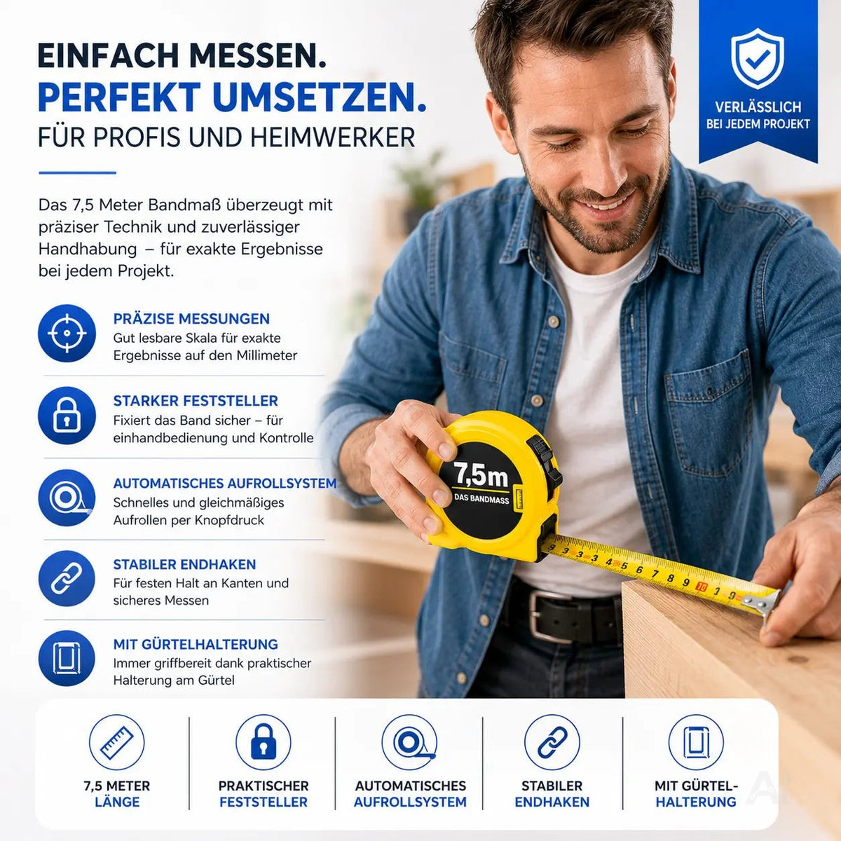 Bandmaß 7,5 Meter mit Halterung & Feststeller – robustes Maßband / Bandmaß für präzises Messen, Rollmaßband & Maßband mit Aufrollsystem (7,5 m)