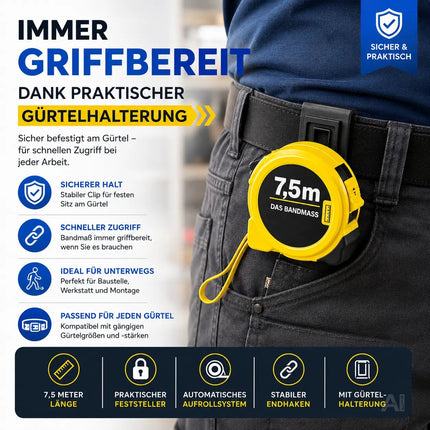 Bandmaß 7,5 Meter mit Halterung & Feststeller – robustes Maßband / Bandmass für präzises Messen, Rollmaßband & Massband mit Aufrollsystem (7,5 m)