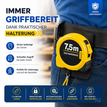 Bandmaß 7,5 Meter mit Halterung & Feststeller – robustes Maßband / Bandmass für präzises Messen, Rollmaßband & Massband mit Aufrollsystem (7,5 m)