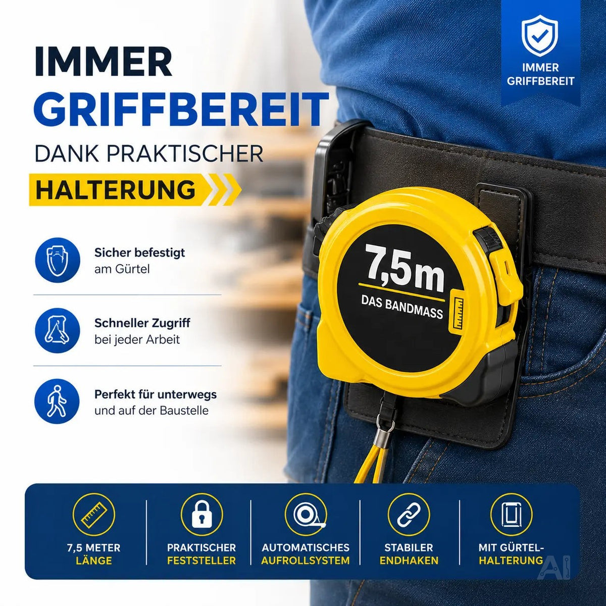 Bandmaß 7,5 Meter mit Halterung & Feststeller – robustes Maßband / Bandmaß für präzises Messen, Rollmaßband & Maßband mit Aufrollsystem (7,5 m)