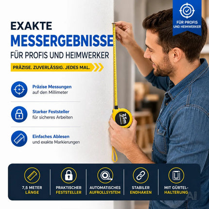Bandmaß 7,5 Meter mit Halterung & Feststeller – robustes Maßband / Bandmass für präzises Messen, Rollmaßband & Massband mit Aufrollsystem (7,5 m)