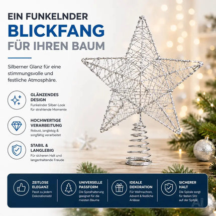 Baumspitze - Christbaumspitze und Tannenbaum-Aufstecker - Ideale Spitze für den Weihnachtsbaum zu Weihnachten (Silber, 1x)