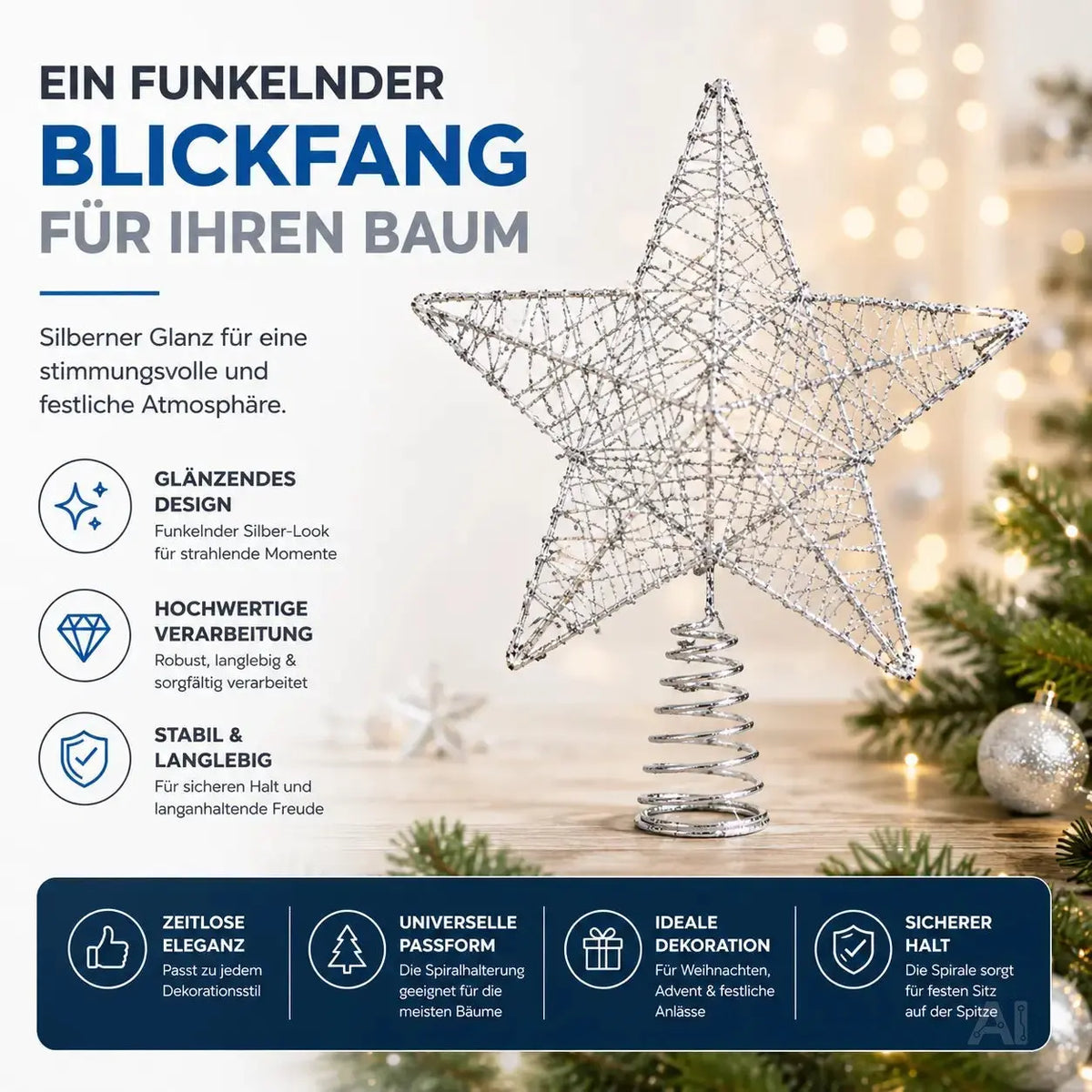 Baumspitze Stern Silber - Christbaumspitze Baumspitze Silber Spitze Aufstecker für Tannenbaum – Detailansicht 6
