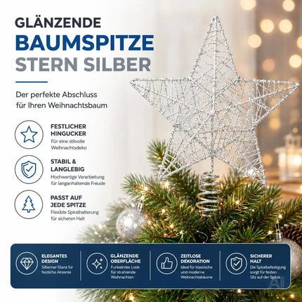 Baumspitze Stern Silber - Christbaumspitze Baumspitze Silber Spitze Aufstecker für Tannenbaum