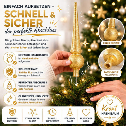 Baumspitze für Weihnachtsbaum Christbaumspitze Aufsatz für Tannenbaum Weihnachtsdekoration (Spitze-Gold)