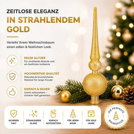 Baumspitze für Weihnachtsbaum Christbaumspitze Aufsatz für Tannenbaum Weihnachtsdekoration (Spitze-Gold)