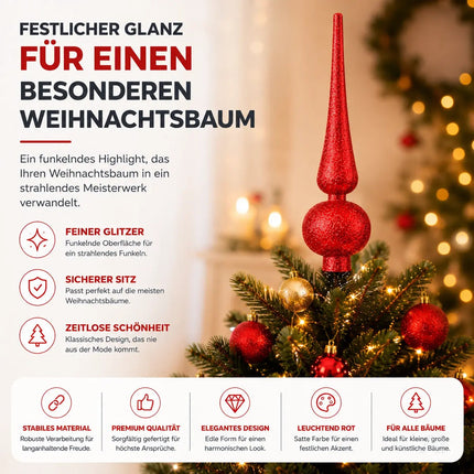 Baumspitze für Weihnachtsbaum Christbaumspitze Aufsatz für Tannenbaum Weihnachtsdekoration (Spitze-Rot)