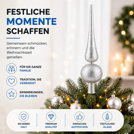 Baumspitze für Weihnachtsbaum Christbaumspitze Aufsatz für Tannenbaum Weihnachtsdekoration (Spitze-Silber)