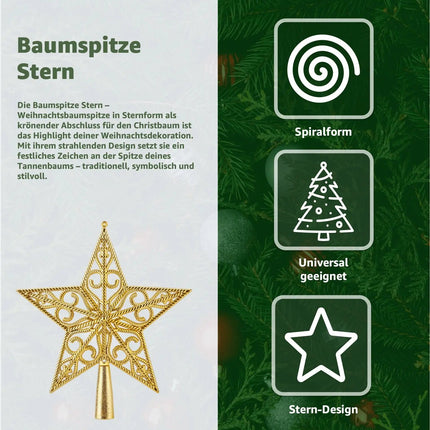 Baumspitze für Weihnachtsbaum Christbaumspitze Aufsatz für Tannenbaum Weihnachtsdekoration (Stern-Ornament-Gold)