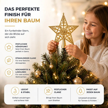 Baumspitze für Weihnachtsbaum Christbaumspitze Aufsatz für Tannenbaum Weihnachtsdekoration (Stern-Ornament-Gold)