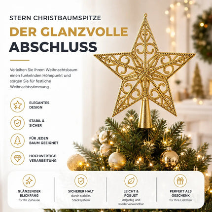 Baumspitze für Weihnachtsbaum Christbaumspitze Aufsatz für Tannenbaum Weihnachtsdekoration (Stern-Ornament-Gold)