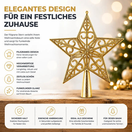 Baumspitze für Weihnachtsbaum Christbaumspitze Aufsatz für Tannenbaum Weihnachtsdekoration (Stern-Ornament-Gold)