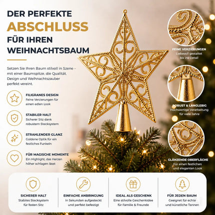 Baumspitze für Weihnachtsbaum Christbaumspitze Aufsatz für Tannenbaum Weihnachtsdekoration (Stern-Ornament-Gold)