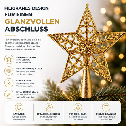 Baumspitze für Weihnachtsbaum Christbaumspitze Aufsatz für Tannenbaum Weihnachtsdekoration (Stern-Ornament-Gold)