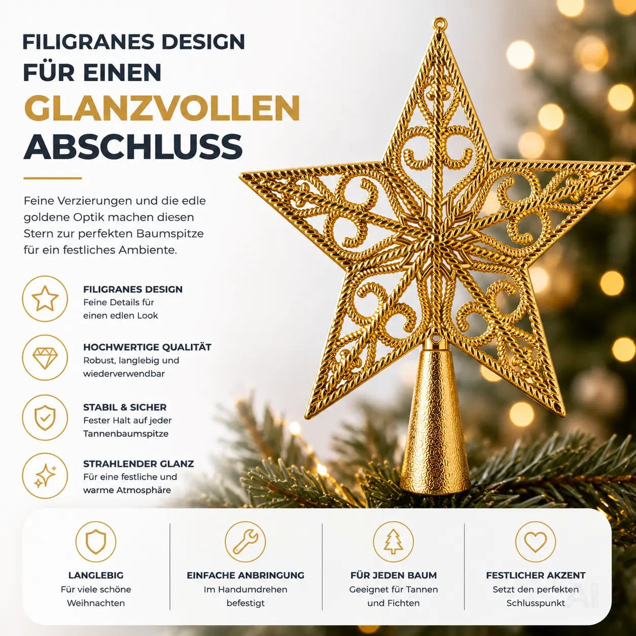Baumspitze für Weihnachtsbaum – Stern-Ornament-Gold