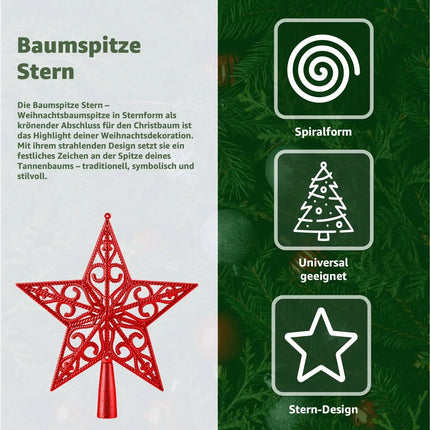 Baumspitze für Weihnachtsbaum Christbaumspitze Aufsatz für Tannenbaum Weihnachtsdekoration (Stern-Ornament-Rot)