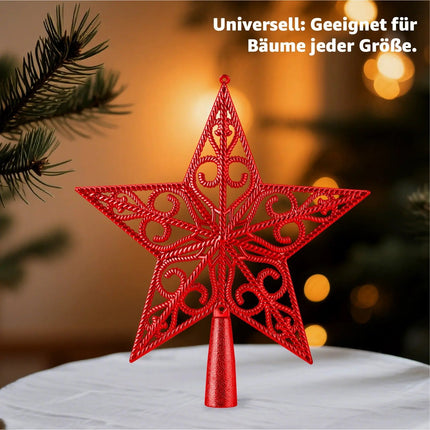 Baumspitze für Weihnachtsbaum Christbaumspitze Aufsatz für Tannenbaum Weihnachtsdekoration (Stern-Ornament-Rot)