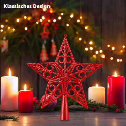 Baumspitze für Weihnachtsbaum Christbaumspitze Aufsatz für Tannenbaum Weihnachtsdekoration (Stern-Ornament-Rot)