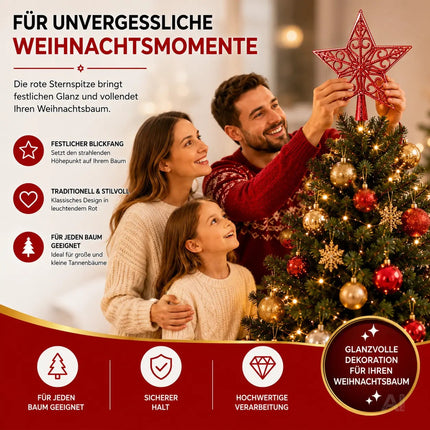 Baumspitze für Weihnachtsbaum Christbaumspitze Aufsatz für Tannenbaum Weihnachtsdekoration (Stern-Ornament-Rot)