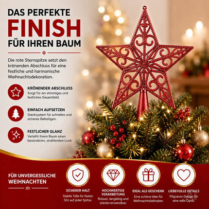 Baumspitze für Weihnachtsbaum Christbaumspitze Aufsatz für Tannenbaum Weihnachtsdekoration (Stern-Ornament-Rot)