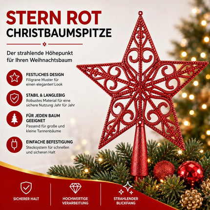 Baumspitze für Weihnachtsbaum Christbaumspitze Aufsatz für Tannenbaum Weihnachtsdekoration (Stern-Ornament-Rot)