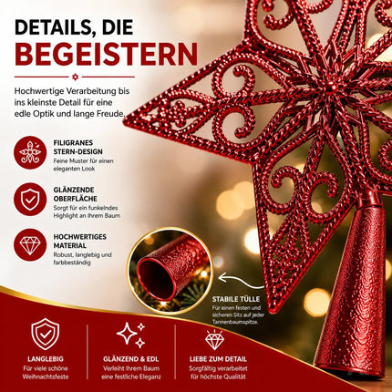 Baumspitze für Weihnachtsbaum Christbaumspitze Aufsatz für Tannenbaum Weihnachtsdekoration (Stern-Ornament-Rot)