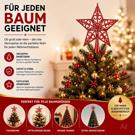Baumspitze für Weihnachtsbaum Christbaumspitze Aufsatz für Tannenbaum Weihnachtsdekoration (Stern-Ornament-Rot)