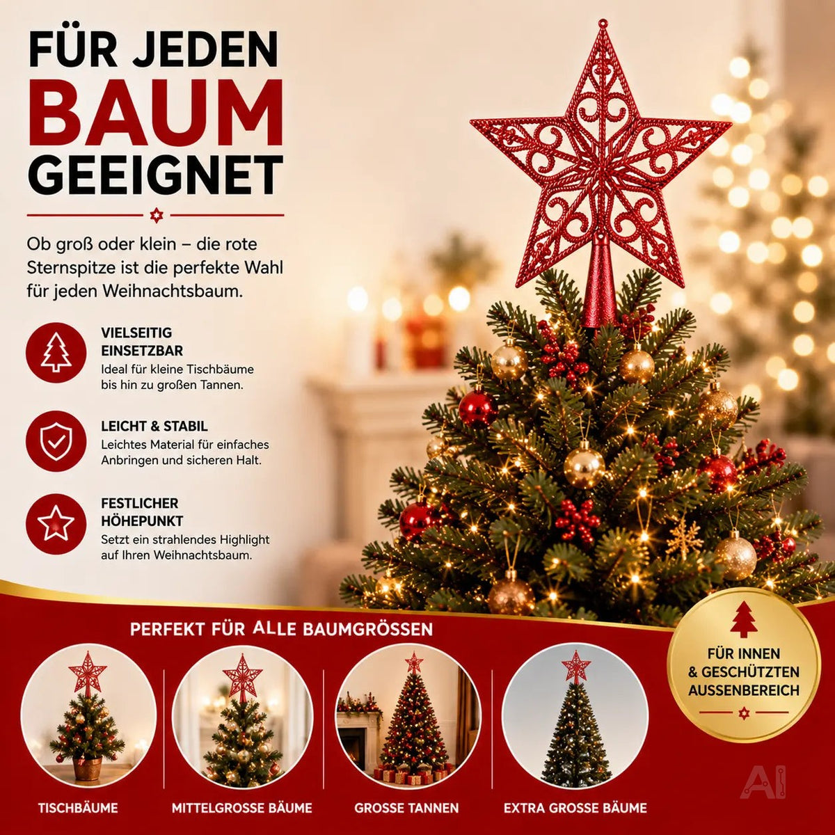 Baumspitze für Weihnachtsbaum Christbaumspitze Aufsatz für Tannenbaum Weihnachtsdekoration – Detailansicht 6