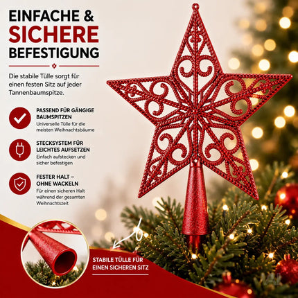 Baumspitze für Weihnachtsbaum Christbaumspitze Aufsatz für Tannenbaum Weihnachtsdekoration (Stern-Ornament-Rot)