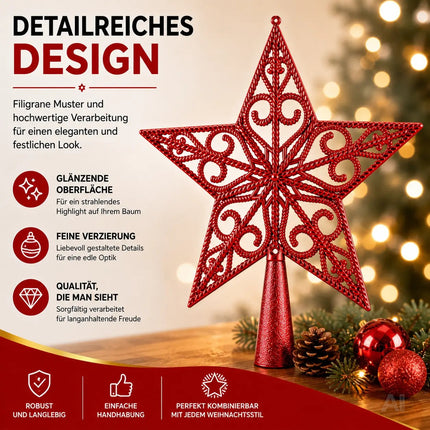 Baumspitze für Weihnachtsbaum Christbaumspitze Aufsatz für Tannenbaum Weihnachtsdekoration (Stern-Ornament-Rot)