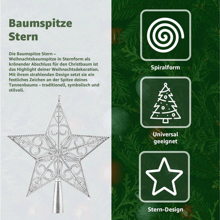 Baumspitze für Weihnachtsbaum Christbaumspitze Aufsatz für Tannenbaum Weihnachtsdekoration (Stern-Ornament-Silber)