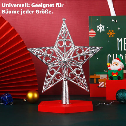 Baumspitze für Weihnachtsbaum Christbaumspitze Aufsatz für Tannenbaum Weihnachtsdekoration (Stern-Ornament-Silber)