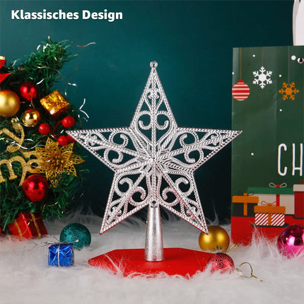 Baumspitze für Weihnachtsbaum Christbaumspitze Aufsatz für Tannenbaum Weihnachtsdekoration (Stern-Ornament-Silber)